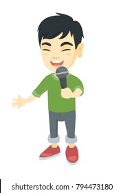 Asian little boy singing into a microphone. Smiling happy boy singing with a microphone. Boy holding a microphone. Vector sketch cartoon illustration isolated on white background.