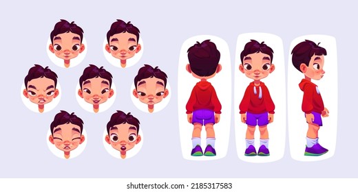 Asian little boy standing isolated on white. Cartoon illustration of cute chinese kid front, side, back view. Vector set of child smiling, laughing, surprised, upset, angry, crying facial expressions