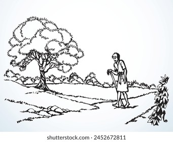 Asian lone sad sin jewish male guy slave worker go home tree land track trip way Alone dirty jew old torn robe cloth sin human cry God Jesus Christ faith retro hand drawn eastern arab story sketch art