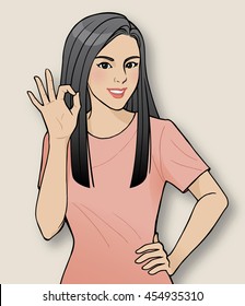 Asian long hair woman in pink clothes gesturing OK