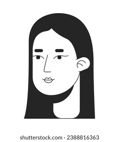 Asian long straight haired woman black and white 2D line cartoon character head. Natural brunette lady japanese isolated vector outline person face. Korean female monochromatic flat spot illustration