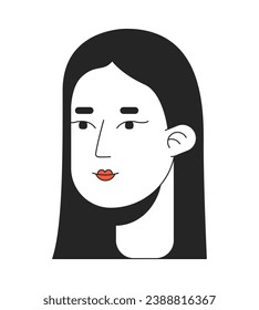 Asian long straight haired woman 2D linear cartoon character head. Natural brunette lady japanese isolated line vector person face white background. Korean style color flat spot illustration