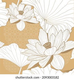 Asian lotus flower on a golden background. Seamless pattern with a natural ornament.