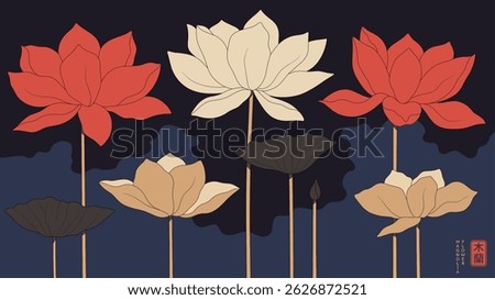 Asian lotus flower vector drawing with fine line pattern. Elegant oriental background design perfect for decorative and traditional themes.