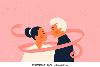 Asian loving couple. Man and woman kissing. Wedding and marriage concept. Greeting card for Valentine's Day. Flat style. All objects are isolated.