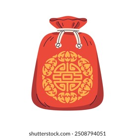 Bolsa de sorte asiática para feriado chinês e coreano. Bolsa de dinheiro da fortuna para boa sorte e prosperidade. Tradicional oriental têxtil bokjumeoni. Ilustração de vetor plano isolada no plano de fundo branco