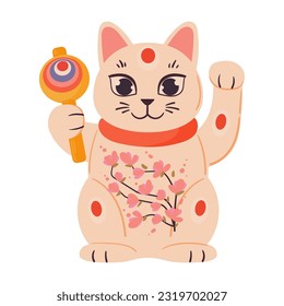 Asian lucky cat. Cute Japanese fortune maneki neko cat, traditional richness and fortune cat toy flat vector illustration