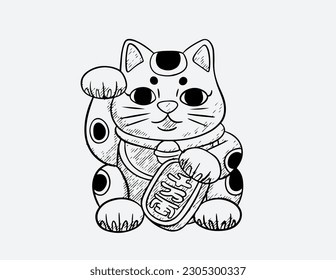 asian lucky cat. Lucky Cat Japan Traditional Doodle. Icons Sketch Hand Made. Design Vector Line Art.