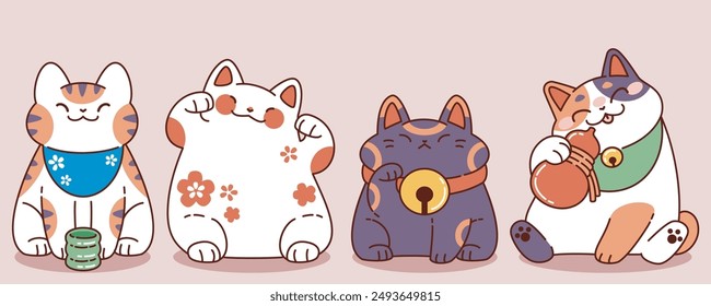 Gatos de la suerte asiáticos establecidos aislados en el fondo. Ilustración contemporánea de dibujos animados de Vector de lindo maneki-neko haciendo señas a la mascota del gatito sonriendo, moneda de oro en el cuello , símbolo de la riqueza tradicional japonesa