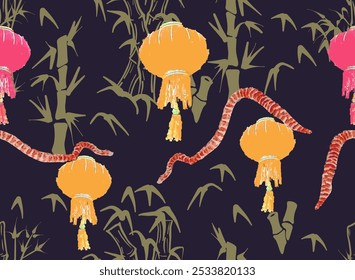 Asian Lunar New Year watercolor painted seamless pattern with Snakes, Traditional lanterns and Bamboo trees.	