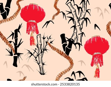 Asian Lunar New Year watercolor painted seamless pattern with Snakes, Traditional lanterns and Bamboo trees.	