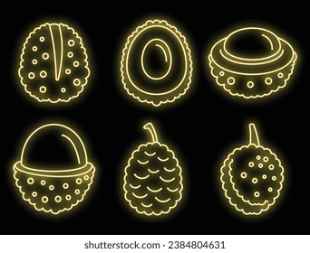 Asian lychees icons set. Outline set of asian lychees vector icons neon color on black