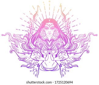 Asian magic woman with sacred geometry and fire. Vector Illustration. Mysterious thai girl over mystic symbols and flames. Alchemy, religion, spirituality, occultism, tattoo art, Asian culture.