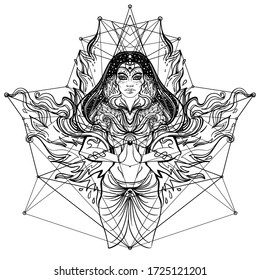 Asian magic woman with sacred geometry and fire. Vector Illustration. Mysterious thai girl over mystic symbols and flames. Alchemy, religion, spirituality, occultism, tattoo art, Asian culture.