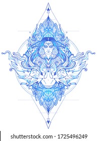 Asian magic woman with sacred geometry and fire. Vector Illustration. Mysterious Thai goddess over mystic symbols and flames. Asian culture inspired art. Blue over white