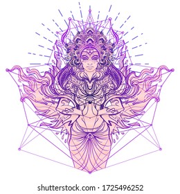 Asian magic woman with sacred geometry and fire. Vector Illustration. Mysterious thai girl over mystic symbols and flames. Alchemy, religion, spirituality, occultism, tattoo art, Asian culture.