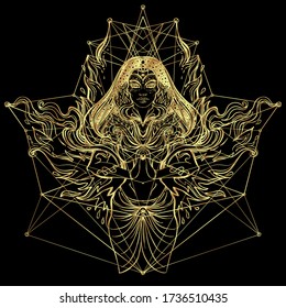 Asian magic woman with sacred geometry and fire. Vector Illustration. Mysterious thai girl over mystic symbols and flames. Alchemy, religion, spirituality, occultism, tattoo art, Asian culture.