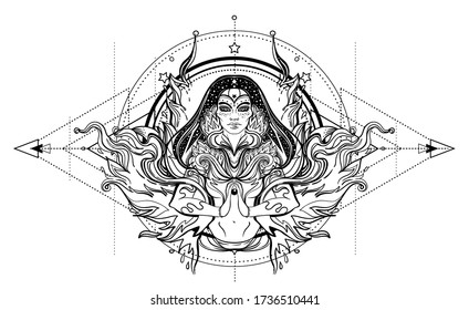 Asian magic woman with sacred geometry and fire. Vector Illustration. Mysterious thai girl over mystic symbols and flames. Alchemy, religion, spirituality, occultism, tattoo art, Asian culture.