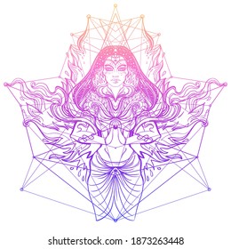 Asian magic woman with sacred geometry and fire. Vector Illustration. Mysterious thai girl over mystic symbols and flames. Alchemy, religion, spirituality, occultism, tattoo art, Asian culture.