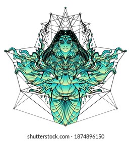 Asian magic woman with sacred geometry and fire. Vector Illustration. Mysterious thai girl over mystic symbols and flames. Alchemy, religion, spirituality, occultism, tattoo art, Asian culture.