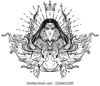 Asian magic woman with sacred geometry and fire. Vector Illustration. Mysterious thai girl over mystic symbols and flames. Alchemy, religion, spirituality, occultism, tattoo art, Asian culture.