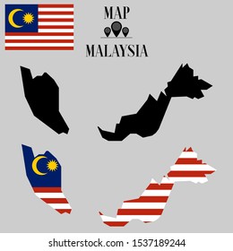 Asian Malaysia, Kuala Lumpur outline world map silhouette vector illustration, creative design background, national country flag, design element, symbols from countries all continents set. 