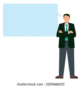 Asian male businessman with comment balloon, speech bubble and arms crossed. eight heads high