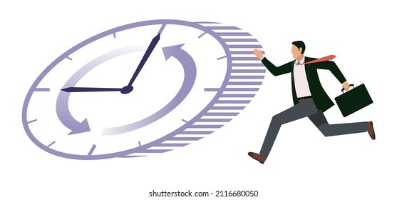 An Asian Male Businessman Running In A Hurry. Office Worker Avatar Clock Background, Infographics, White Background