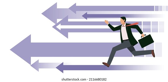 An Asian Male Businessman Running In A Hurry. Office Worker Avatar. Infographics. Extending Arrow Background