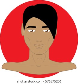 Asian male bust on a red circle background