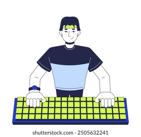 Asian male cyberathlete gamer typing keyboard 2D cartoon character. Korean cybersportsman isolated flat vector person white background. Video game entertainment esports color spot illustration