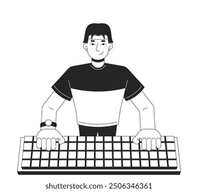 Asian male cyberathlete gamer typing keyboard black and white 2D line cartoon character. Korean cybersportsman isolated vector outline person. Video game esports monochromatic spot illustration