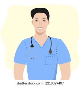 An Asian male doctor with a stethoscope. Vector illustration