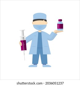 Asian male doctor with a syringe with a vaccine. Vaccination syringe. Vector illustration of the fight against coronavirus and other infections.