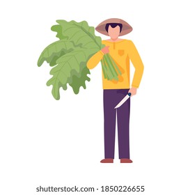 Asian Male Farmer Holding Green Leaves as Agricultural Crop Vector Illustration