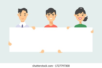 Asian male and female characters with board. Cartoon style people icons. Isolated guys avatars. Flat illustration men and women faces. Hand drawn vector drawing girls and boys portraits