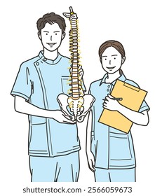 Asian male and female chiropractors explaining with a spinal column model