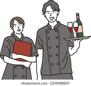 Asian male and female clerk working in a restaurant
