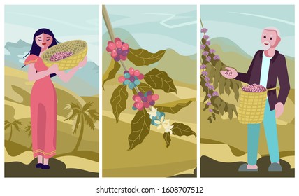 Asian male and female coffee farmer characters hold basket with mature coffee beans. Panoramic coffee plantation landscape. Branch with coffee beans and hills background. Flat Art Vector Illustration