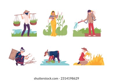 Asian Male and Female Farmer Cultivating Agricultural Crop Vector Illustration Set