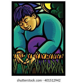 Asian male gardener tending to a row of tulips in a stark heavy black line style like stained glass illustration with sun & trees as a backdrop