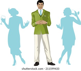 Asian Male Greeting Party Host With Female Guests Silhouettes Retro Styled Cartoon Character With Colored Lineart