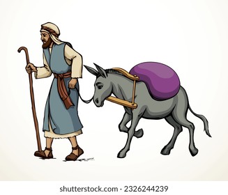 Asian male jew elder age human pilgrim go lead stick staff ass pet track path way white sky Hand drawn art sketch ride retro biblic desert trip islam rustic cattle bridle yoke good burden cargo symbol