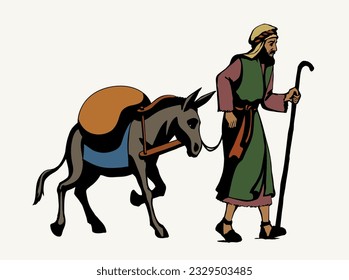 Asian male jew elder age human pilgrim go lead stick staff ass pet track path way white sky Hand drawn art sketch ride retro biblic desert trip islam rustic cattle bridle yoke good burden cargo symbol