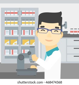 Un asistente de laboratorio asiático que trabaja con microscopio en el laboratorio. Científico joven usando un microscopio en un laboratorio. Ilustración de diseño plana vectorial. Diseño cuadrado.