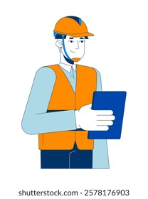 Asian male manufacturing inspector holding tablet 2D cartoon character. Industrial coordinator in safety vest and helmet isolated person flat vector on white background. Spot illustration colorful