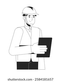 Asian male manufacturing inspector holding tablet black and white 2D line character. Industrial coordinator in safety vest and helmet isolated vector outline person. Monochromatic spot illustration