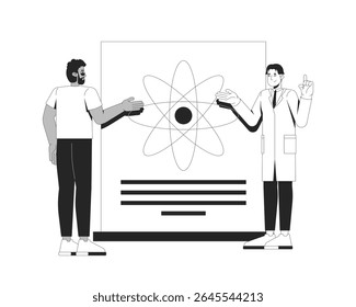 Cientista asiático masculino explicando para o homem negro participante átomo cartaz caracteres de linha 2D. Apresentação científica com estrutura atômica isolada vetor tinta contorna pessoas. Ilustração de ponto monocromático