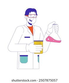 Asian male scientist holding flasks in lab 2D cartoon character. Chemistry teacher at lesson isolated flat vector person white background. School facility personnel color spot illustration