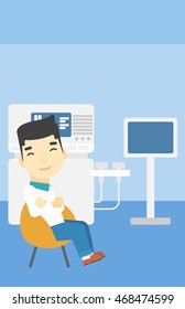 An asian male ultrasound doctor sitting with arms crossed. Male doctor sitting near modern ultrasound equipment at medical office. Vector flat design illustration. Vertical layout.